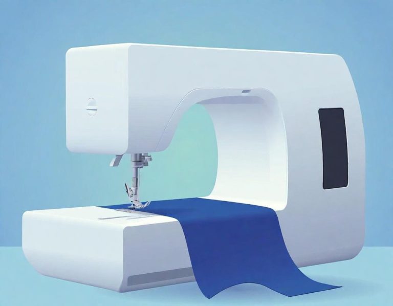 Eine weiße Nähmaschine mit blauem Stoff unter der Nadel.