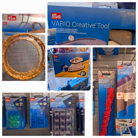 Verschiedene Bastelwerkzeuge und -materialien in Verpackungen.